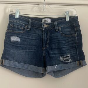 PAIGE Women's Dark Blue Distressed Jean Shorts